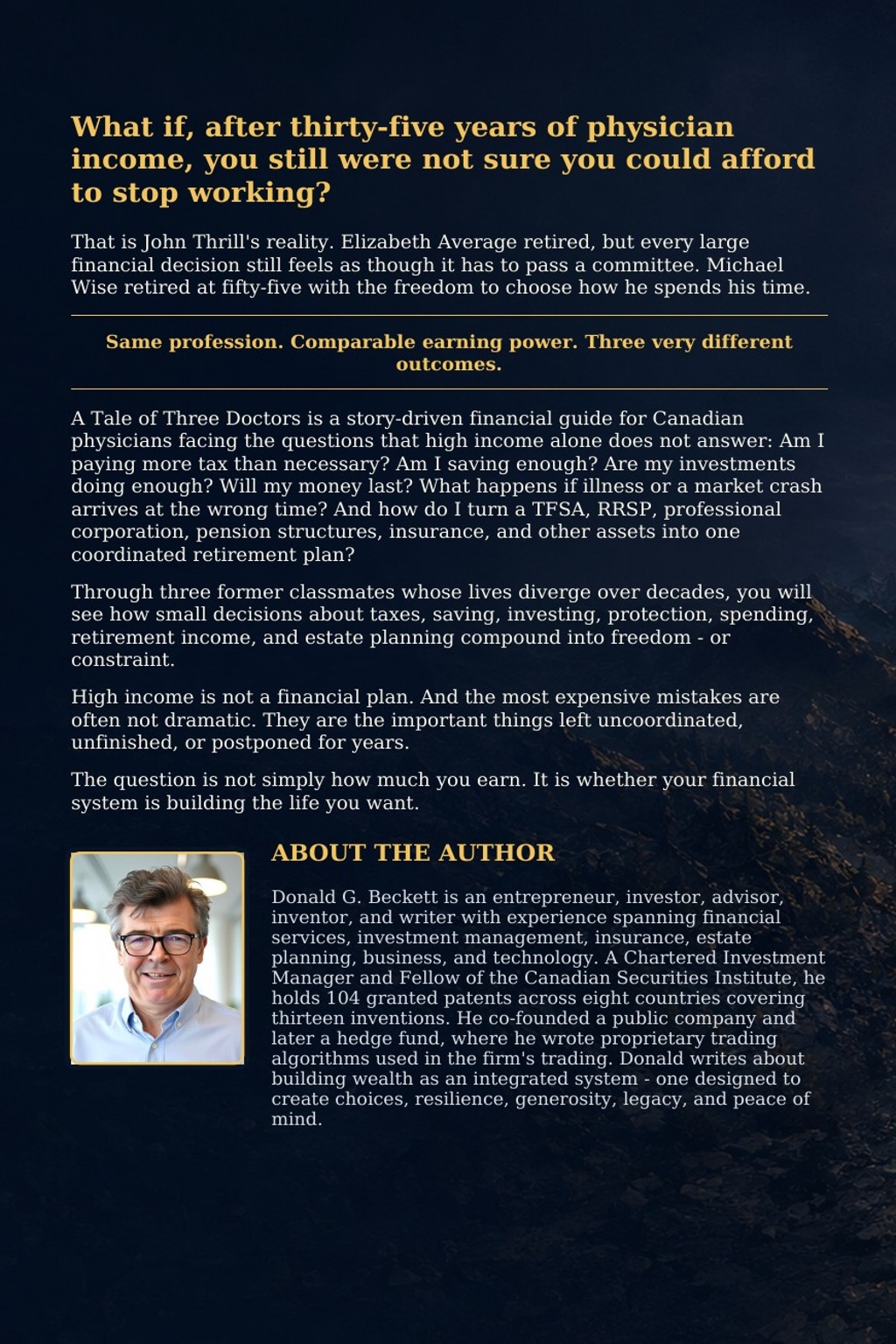Back cover of A Tale of Three Doctors, with book description and author biography